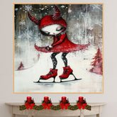 Whimsical Christmas Devil Girl Ice Skating in Red Hood and Dress Fantasy Winter Art Print or Canvas for Holiday Decor and Unique Gothic Gift on Ready to Hang 1.5" Thick Canvas Wrap, Floating Framed Canvas, Flat Rolled Canvas